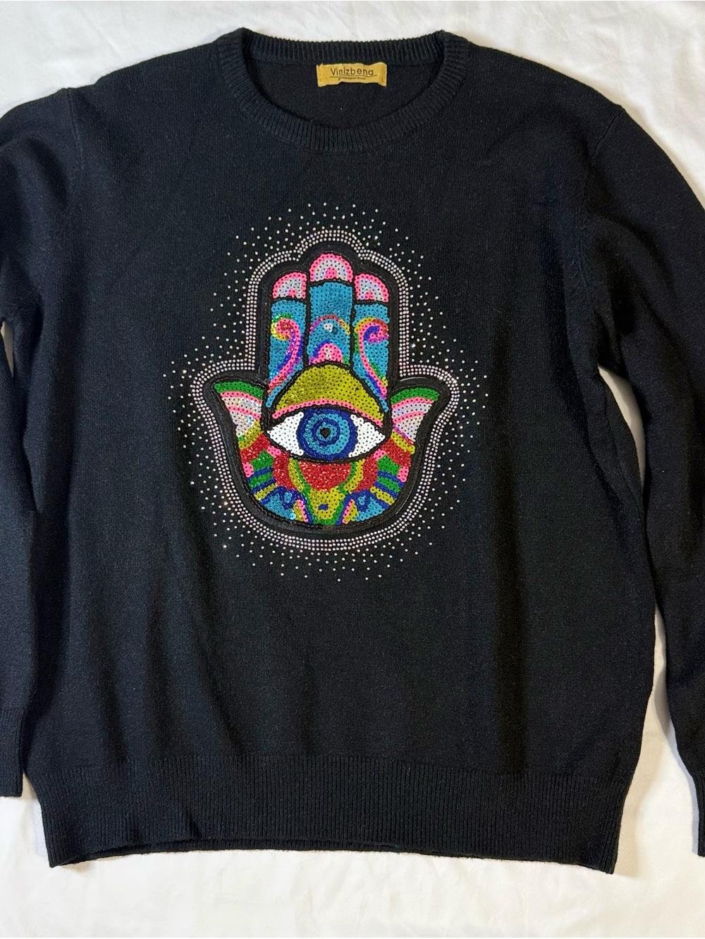 Vinizbena Women's Sequin Hamsa Hand Black Crewneck Sweater L